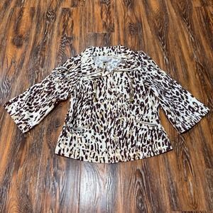Womens Leopard Print Utility Jacket Brown Gold Metallic 3/4 Sleeve Size M Just B